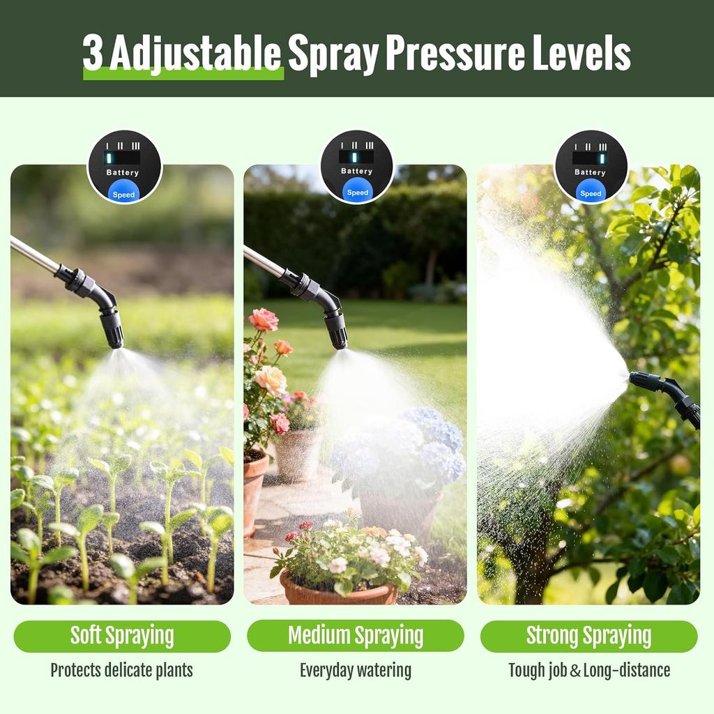 Battery Powered Sprayer 2 Gallon, Electric Weed Sprayer with 3 Adjustable Spray Pressures, Battery Indicator, Telescopic Wand and 4 Nozzles, forGarden