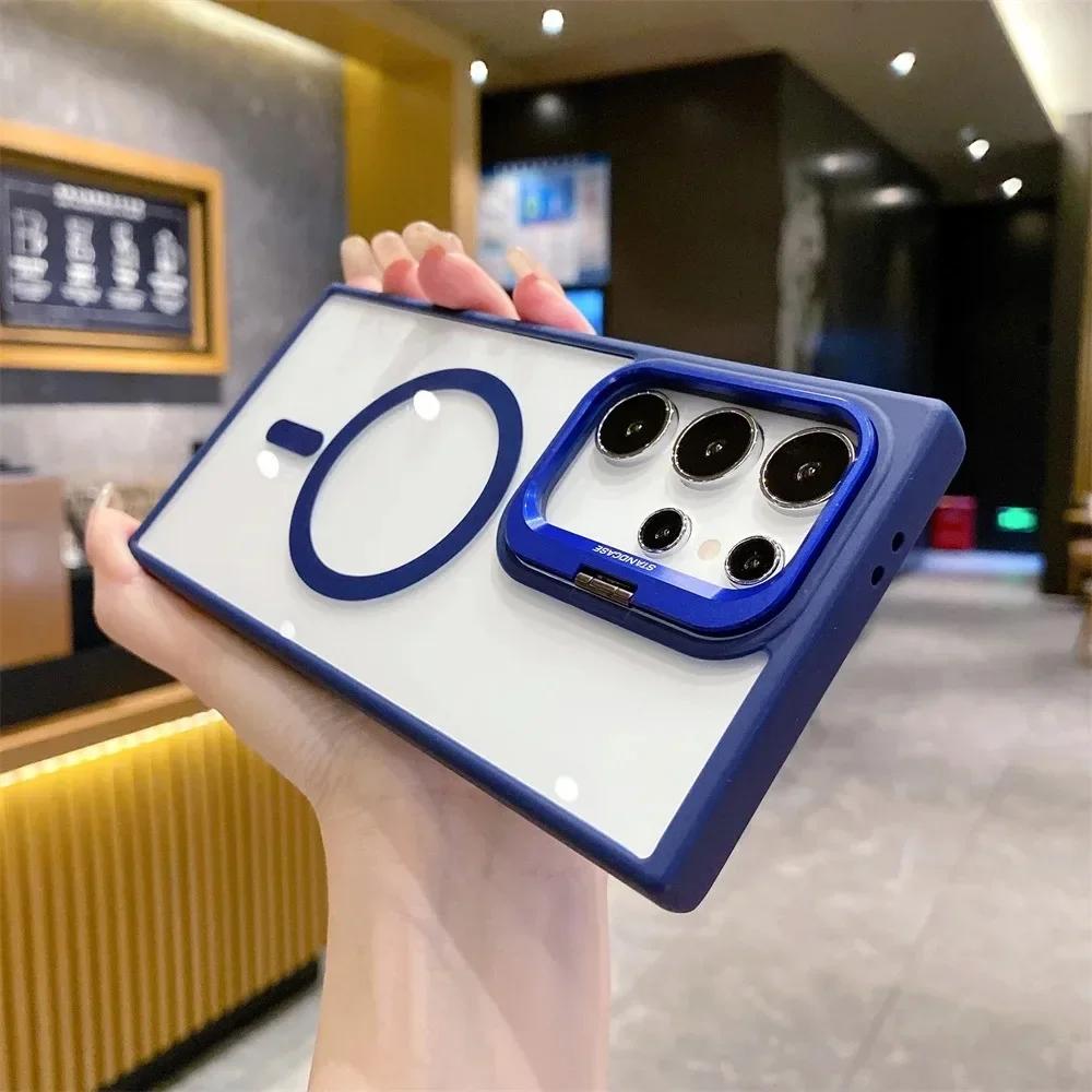 Magnetic Lens Protector Stand Phone Case For Samsung S25 S24 S23 S22 Ultra Plus FE Clear Magsafe Wireless Charge Hard Back Cover