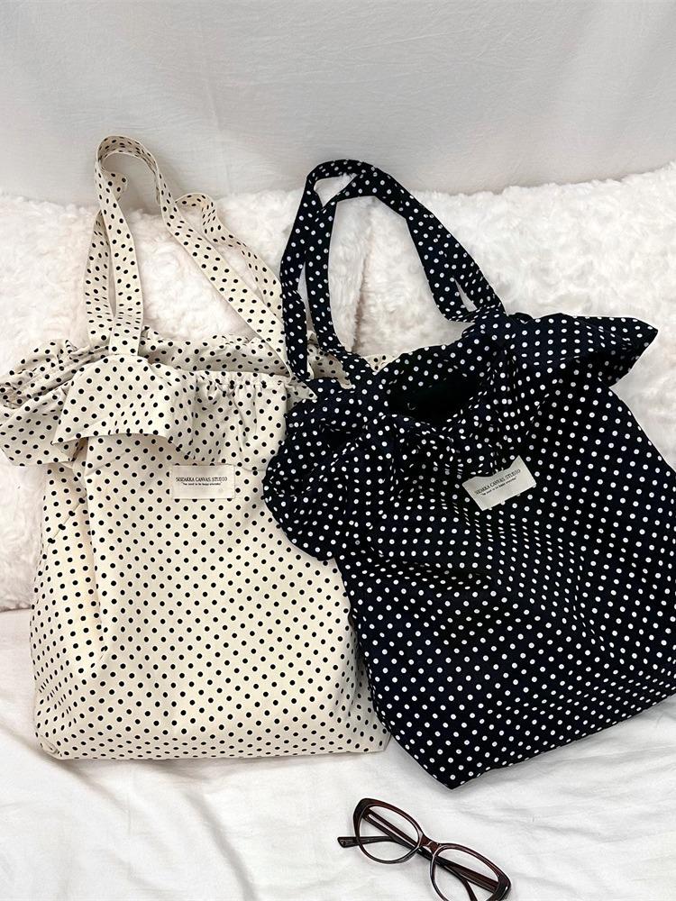 Retro Dot Women's Canvas Shoulder Bag Ruched Design Ladies Commute Shopping Bags Large Capacity Female Travel Tote Purse Handbag