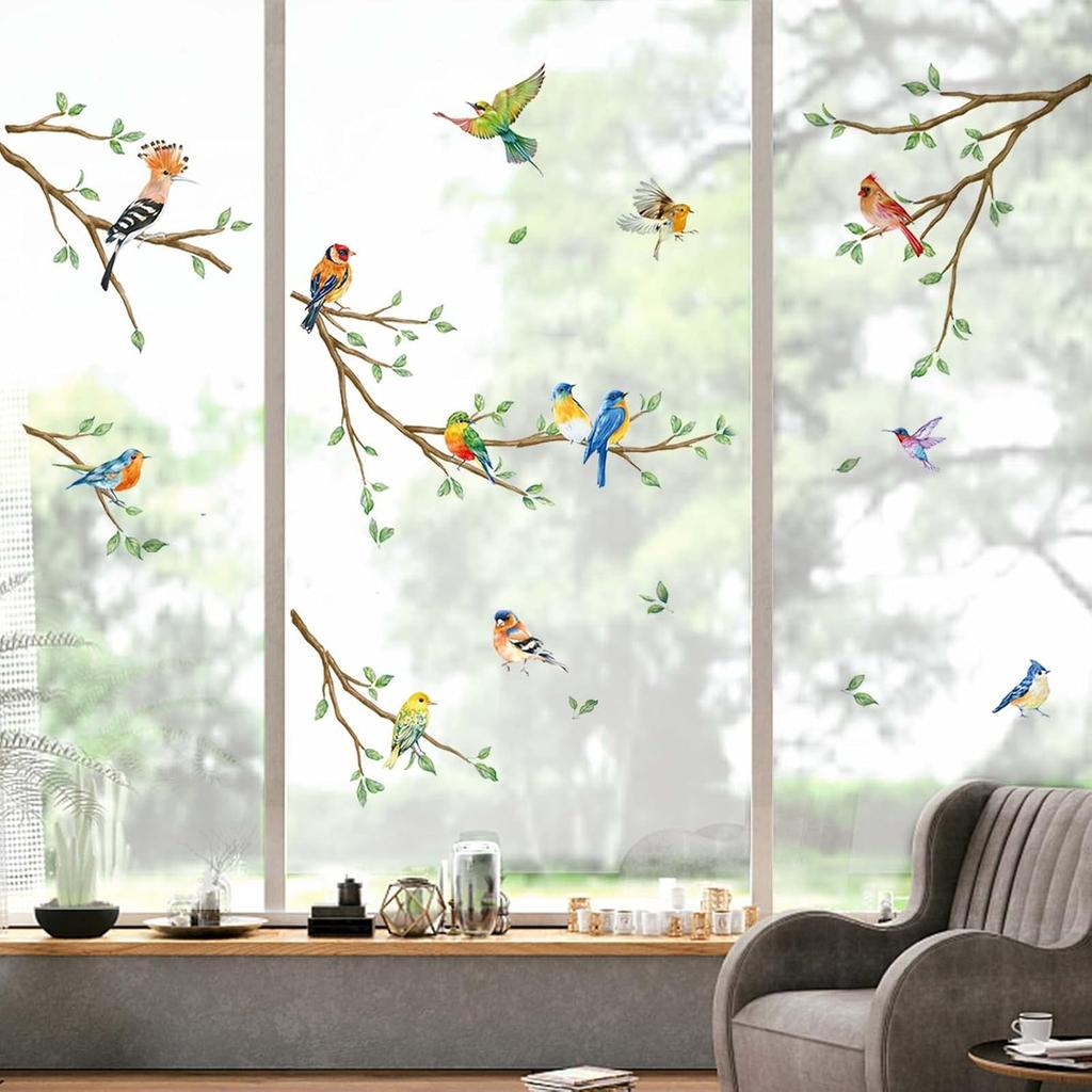 Decalmile Tree Branch Double Sided Hummingbird & Bird Window Clings - Anti-Collision Glass Stickers