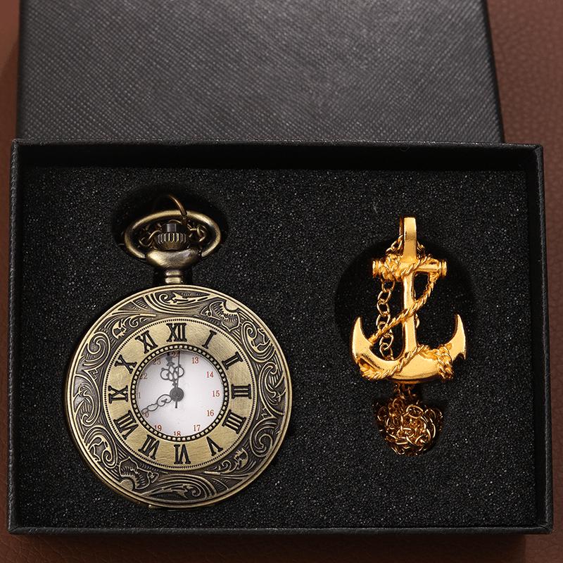 2pcs/set, Pocket Watch Set,1pc Quartz Movement Pocket Watch & 1pc Fashion Golden Anchor Necklace, Durable Accessories, Father's Day,Best Gift for Men.
