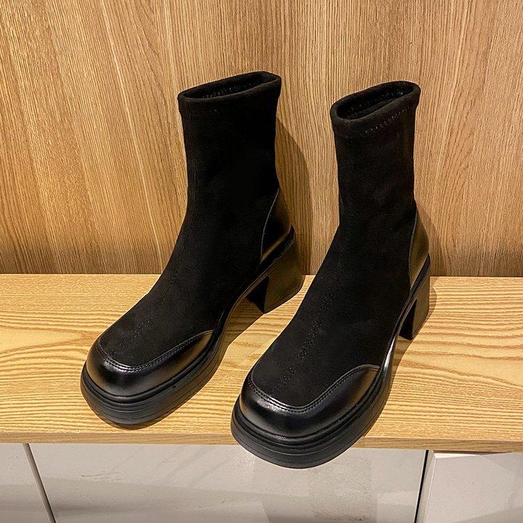 

High-heeled niche French British style black short boots women s new side zipper elastic thin boots in autumn and winter 2025 40