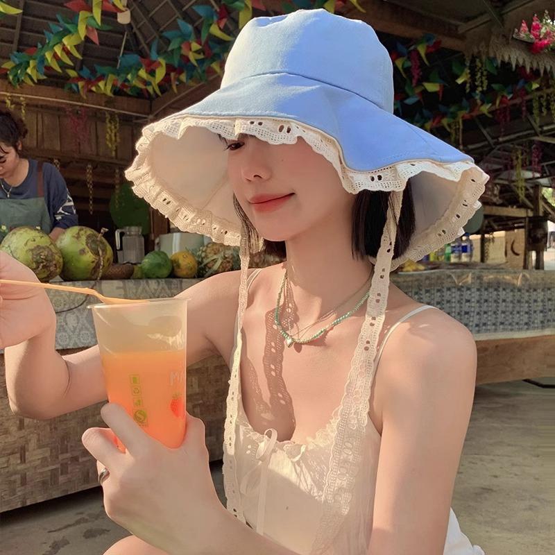 Korean Style Sweet Lace Splicing Large Brim Fishing Cap Women's Spring Summer Fresh Outdoor Sunshade Hat Mountaineering Hat