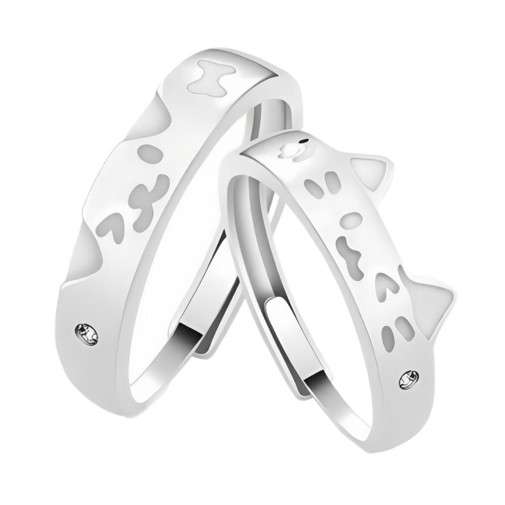 Luminous Sterling Silver Happy Cat & Dog Couple Rings - Light Luxury Cute Design Gift for Men & Women