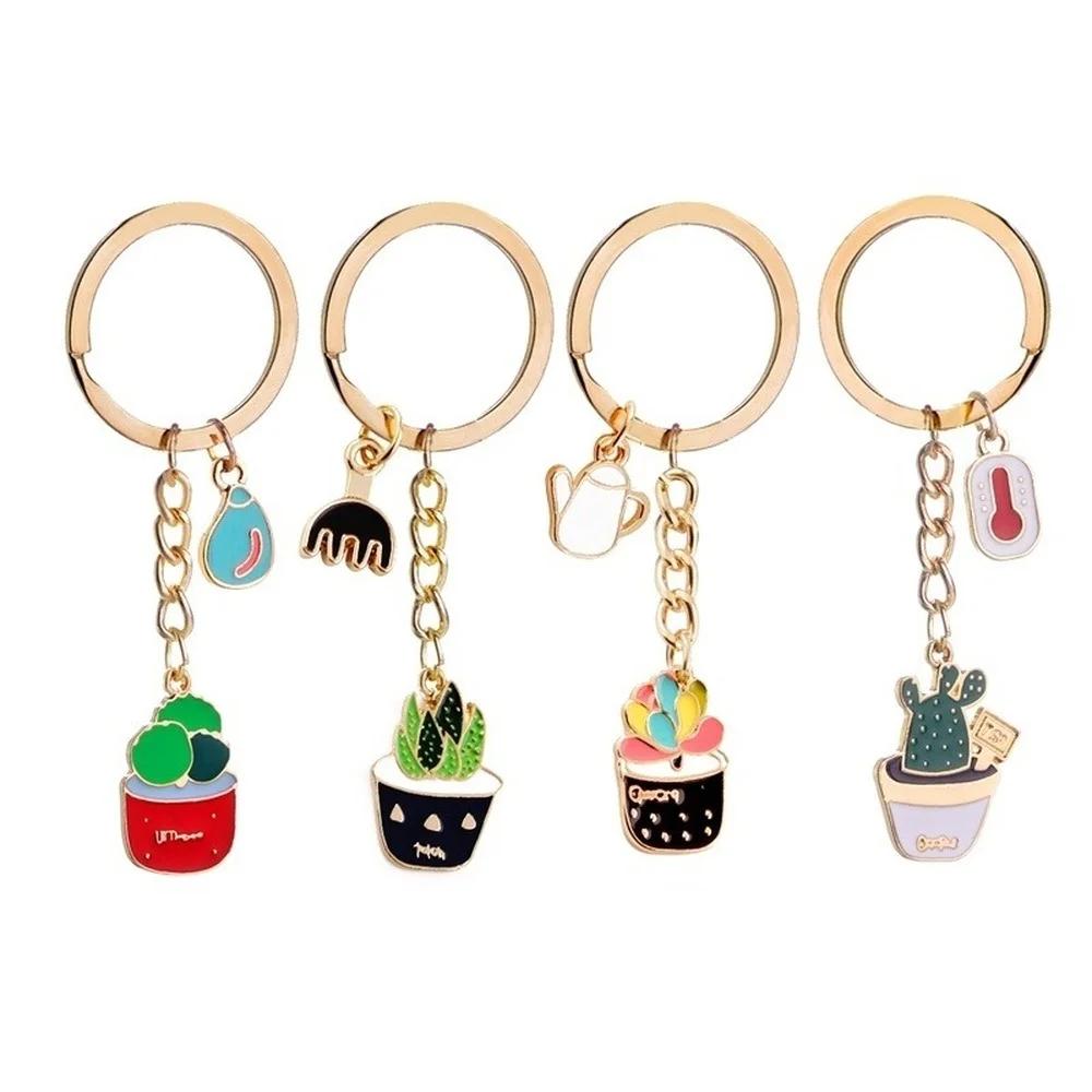Womens Succulent Potted Plant Keychain Beach Style Hat Garden Succulent Cactus Plant Keychain Zinc Alloy Oil Drop Pendant Gift