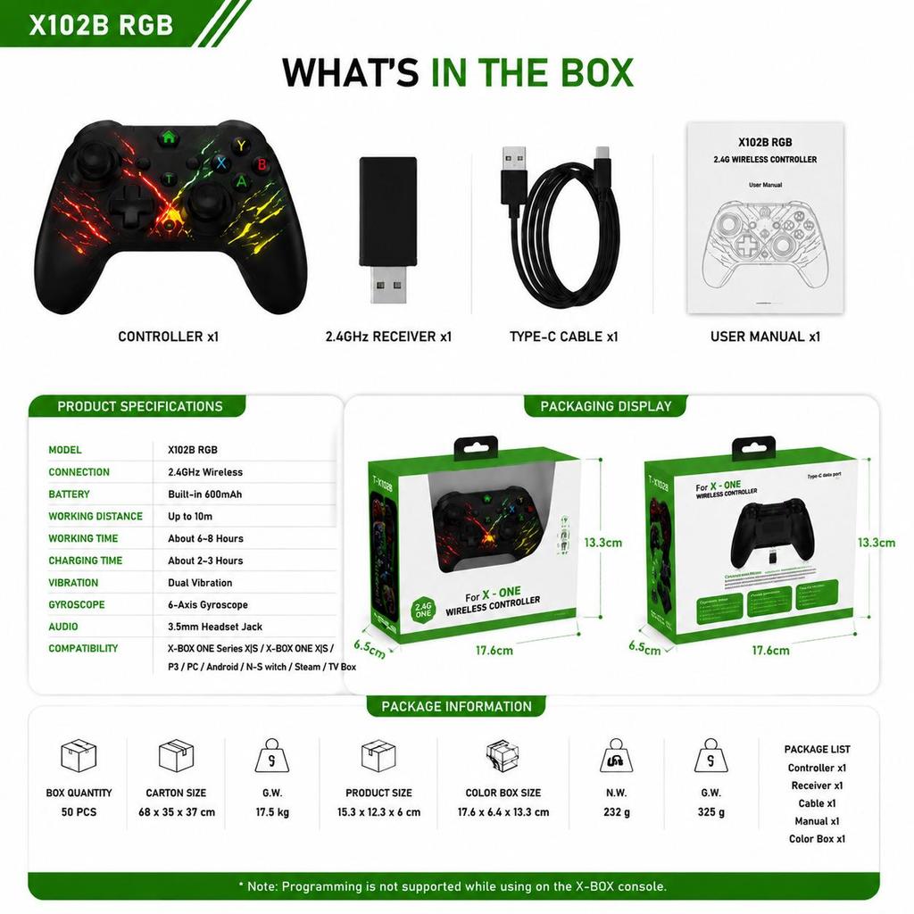 Xbox One/S/XSX Wireless Game Controller - PC, Android, Switch/P3 Compatible, Vibration & Lighting Features