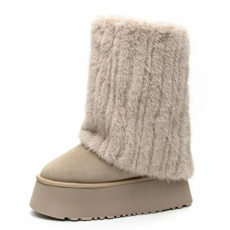 Fashion 11CM Cow Leather Flat Autumn Women Motorcycle Mid-calf Booties Platform Fashion Winter Warm Plush Turned-over Edge Snow Boots