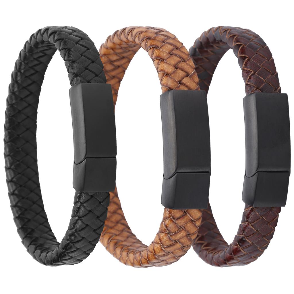 Braided Leather Bracelet Magnetic Buckle 20.5cm Vintage Bracelet PU Stainless Steel for Couple Decoration Men Christmas Gift