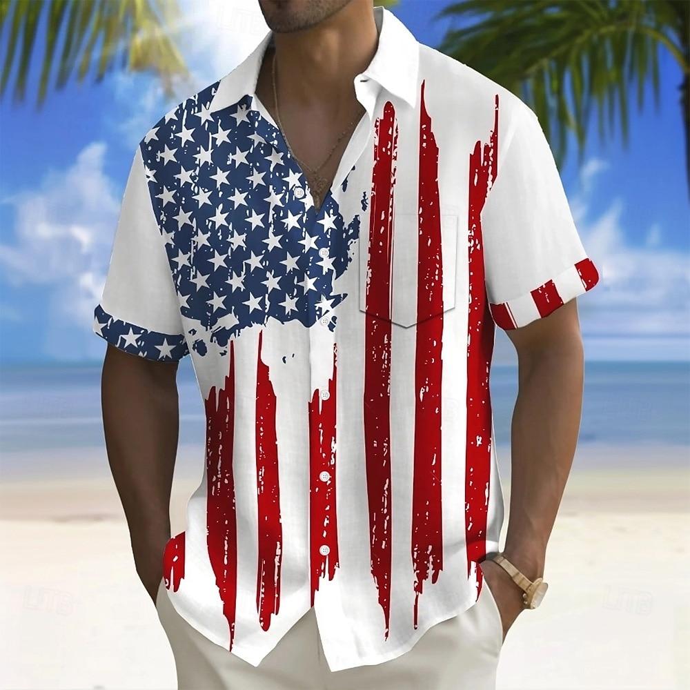 Men's 4th of July U.S. 250th Anniversary Cross US Flag Shirt Cuban Collar Shirt Button Up Shirt Short Sleeve