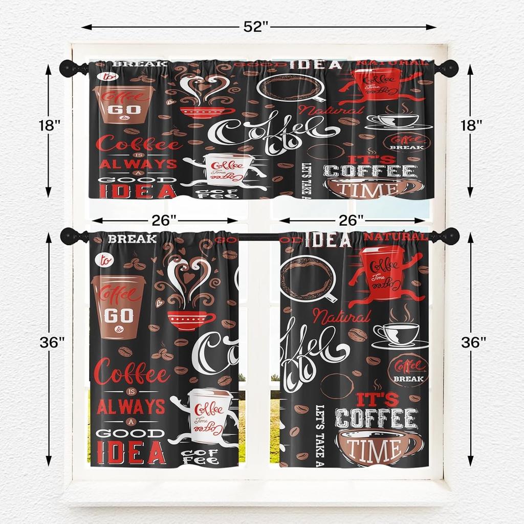 Coffee Kitchen Window Curta Valance and Tier Set 36 Inch, Black Red Cute Rod Pocket Short Tier Curtain, Retro Brown White Doodle Small Cafe Drapes