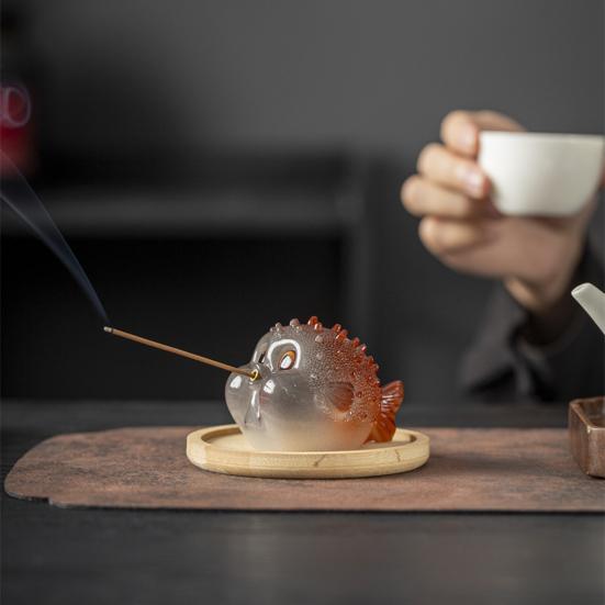Pufferfish Incense Stick Holder Resin Globefish Tea Pet Figurine Incense Burner Home Office Tea Room Table Decoration Ornament