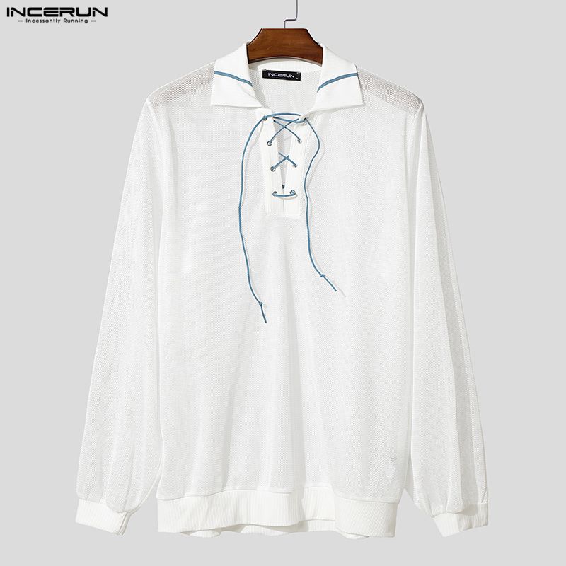 INCERUN Oversized Men Long Sleeve Hollow Bandage See Through Webbing Loose T-shirts Tops