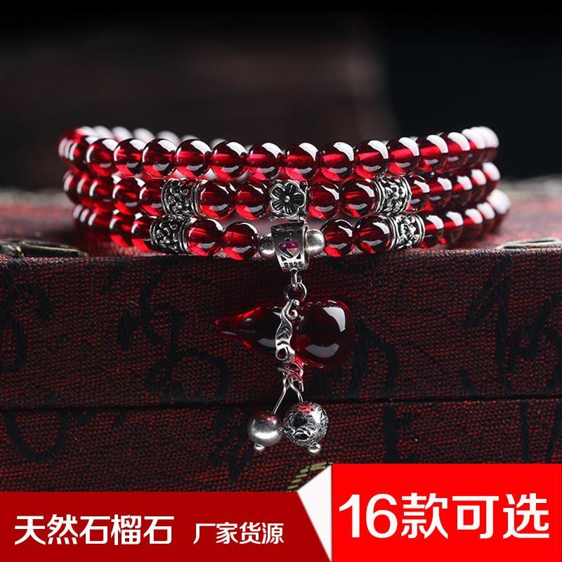 Natural Garnet Stone Bracelet Women Ethnic Style Handmade Crystal Jewelry Bohemian Three-Row Beaded Wrap