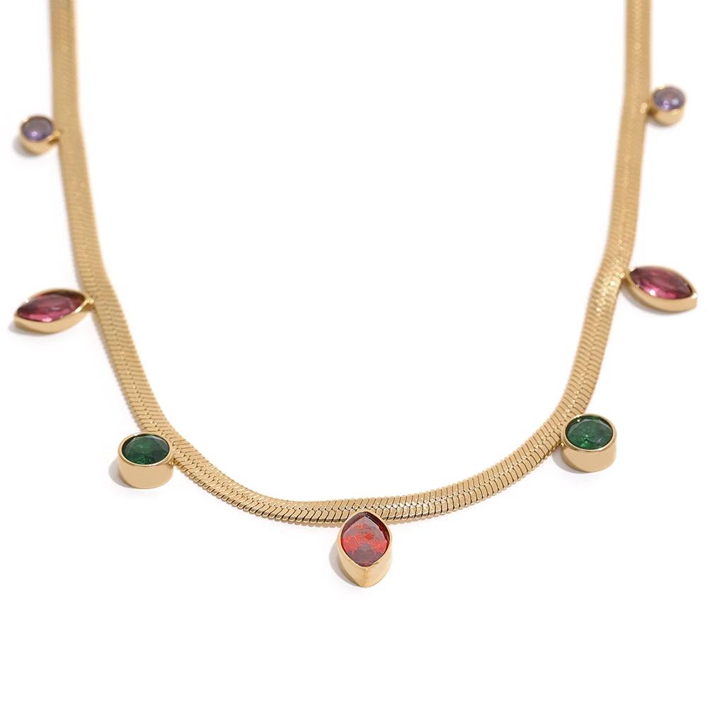 

Yhpup Fashion Flat Snake Chain Bling Colorful Cubic Zirconia Stainless Steel Necklace Gold Color Exquisite Jewelry Collier Femme