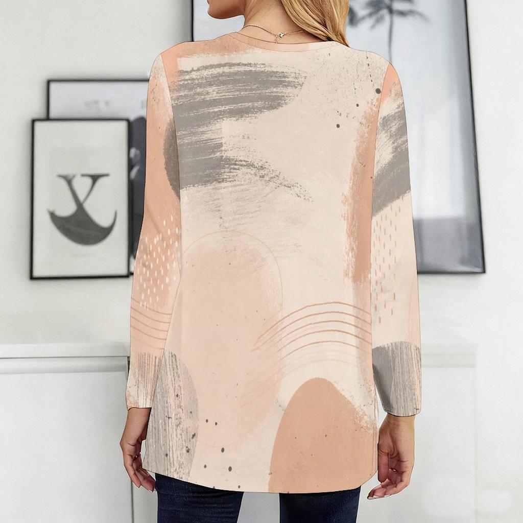 Women Plus Size White Abstract Smile Printed Round Neck Long Sleeve Loose Longline T Shirt With Pockets