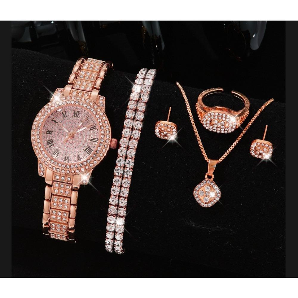 Full Diamond Roman Literal Steel Belt Women's Watch Gypsy Temperament Business Quartz Watch Women's Watch Jewelry Set
