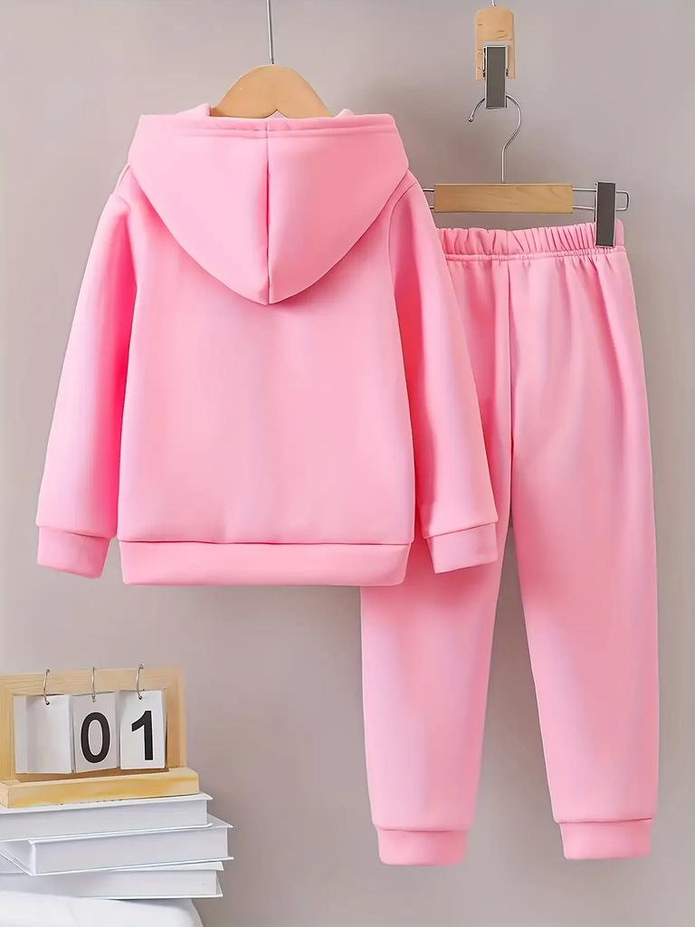 Autumn and Winter New Girls' Fashionable Pink Butterfly Print Hooded Long Sleeved Sweatshirt Set, an Outdoor Must-have
