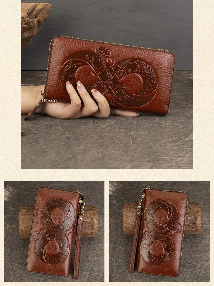 Johnature Vintage Women Long Wallets Genuine Leather Embossed Wallet Card Holder Real Cowhide Large Capacity Hand Purse