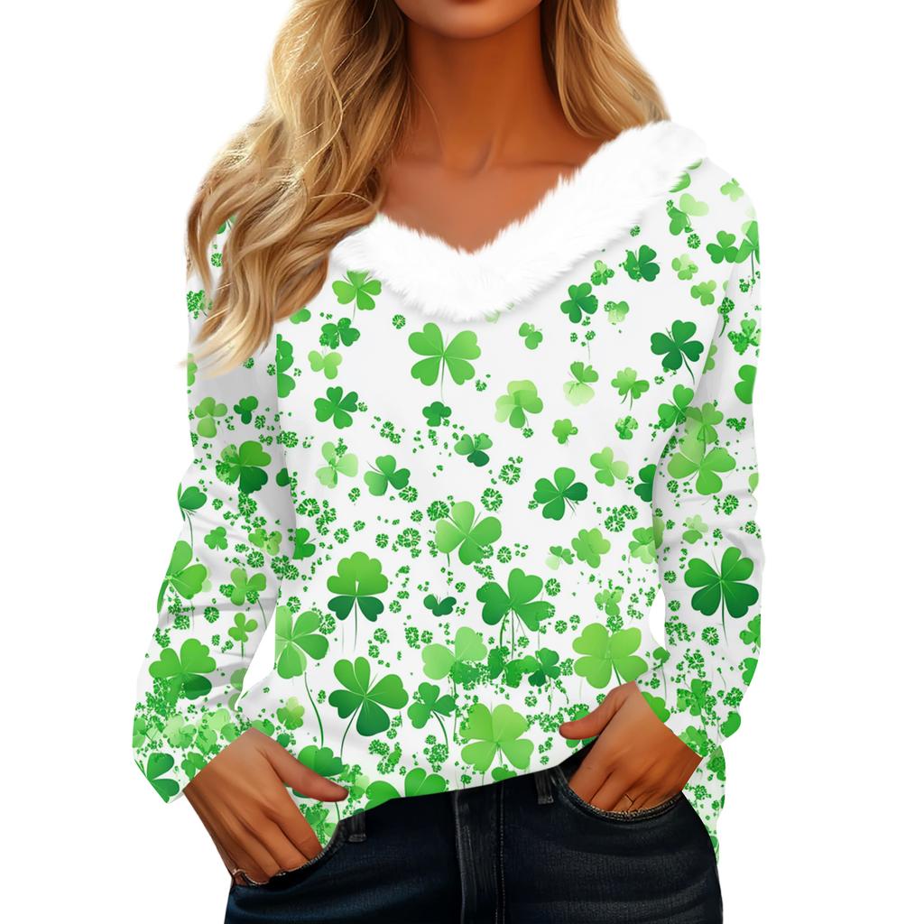 T-shirt à manches longues et col en V pour femme avec imprimé Saint Pao, décontracté et ample