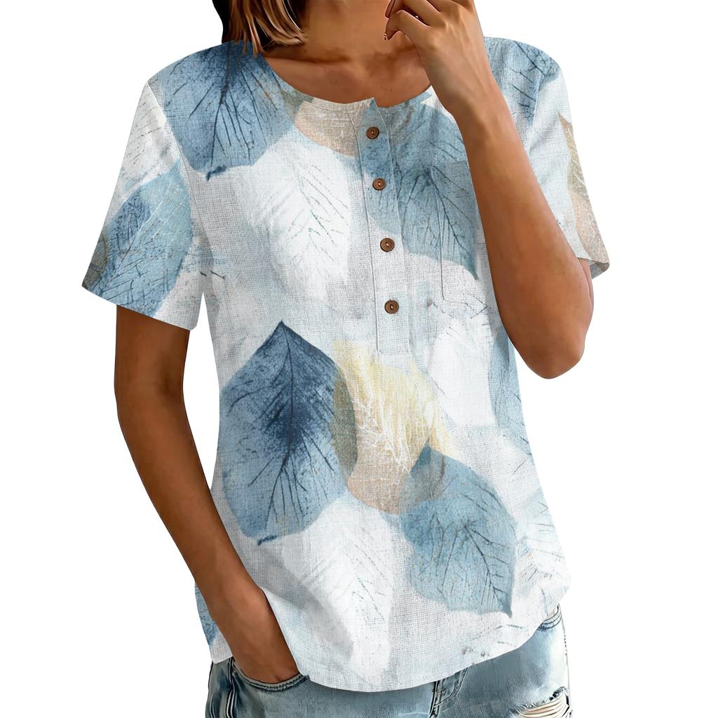 Women's Short Sleeve Shirt Printed Cotton Linen Blouse Casual Button Top