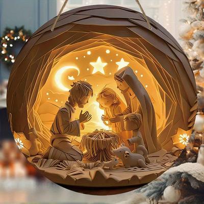 Wood Artistic Scene Wooden Sign 2D Relief Effect of Jesus Born Round Sign for Church Front Door Wall Hanging Decor Ideal for Door, Wall, Home, Room