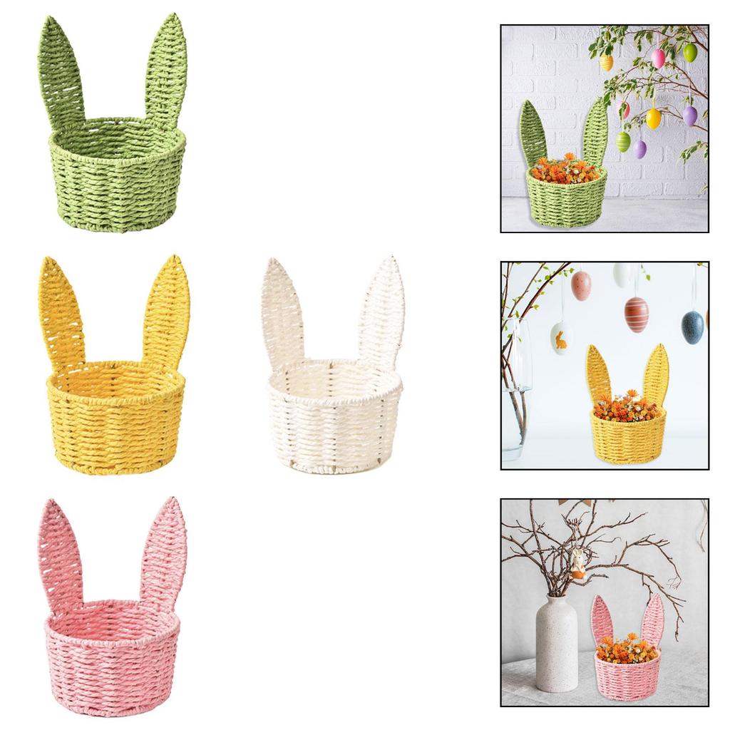 Easter Woven Bunny Ear Basket, Portable Cute Sturdy, Paper Rope Design, Decorative Candy Storage Basket Storage Organizer
