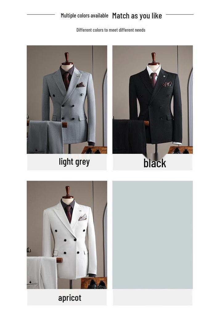Apricot White Striped Double-Breasted Slim-Fit Suit Set for Casual, Groom, or Formal Business Attire.