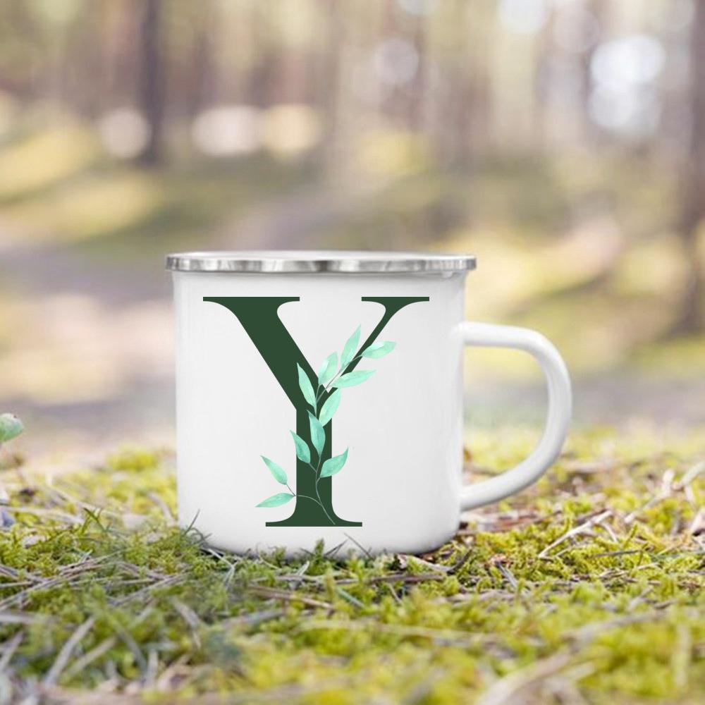 Emaille-Tasse mit Henkel, Aquarell, grünes Blatt mit Alphabet, Tasse, personalisierte Geschenke, Kaffee-Reisebecher, Bierbecher für Kaffee- und Teetassen