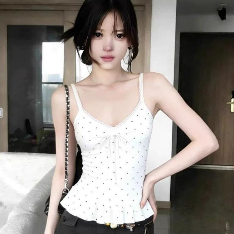 Summer New Sweet Wind Polka Dot Ruffle Hem Sling Vest Women's Design Sense Slim and Thin Sleeveless Top