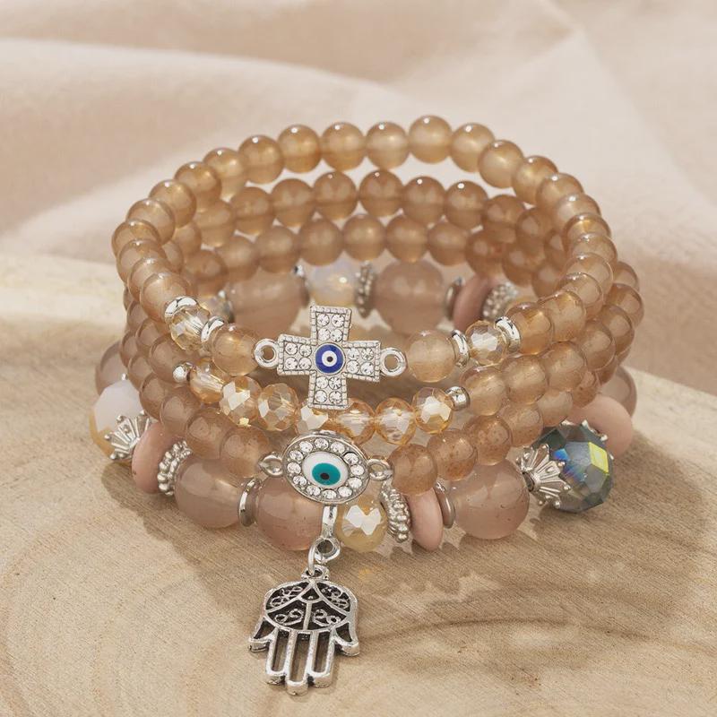 Dámský náramek s vícevrstvými korálky, evropský a americký bohémský přívěsek s motivem zlého oka a palmy