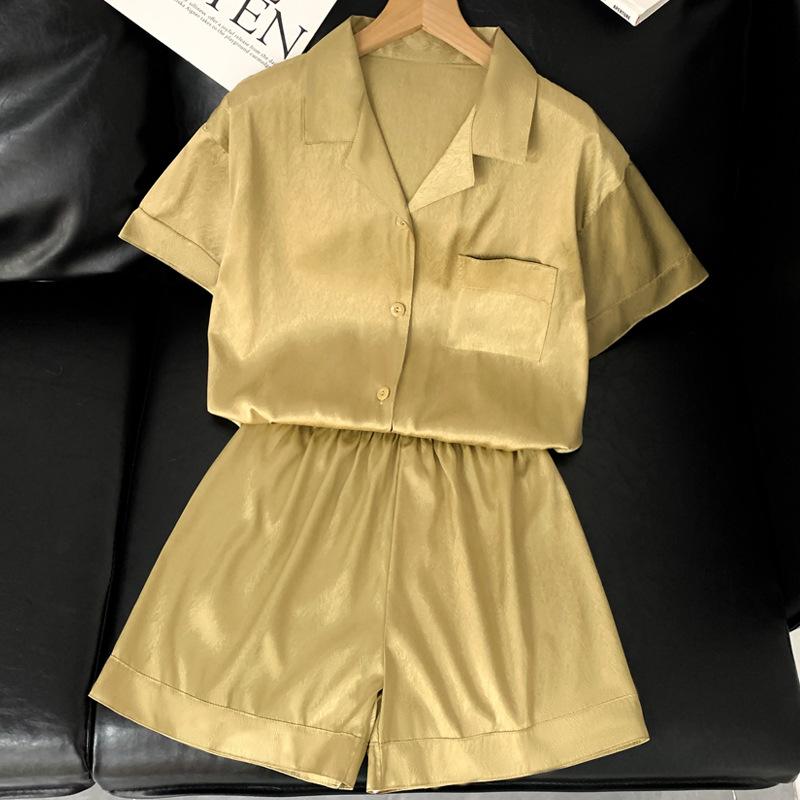 Solid Color Light Luxury French Ice Silk Pajamas Women'S Summer Fashion Short-Sleeved Loungewear Set