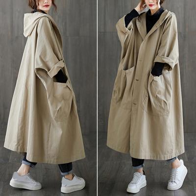 Casaco Trench Feminino Outono Primavera Cor Sólida Solto Com Capuz Streetwear Estilo Literário