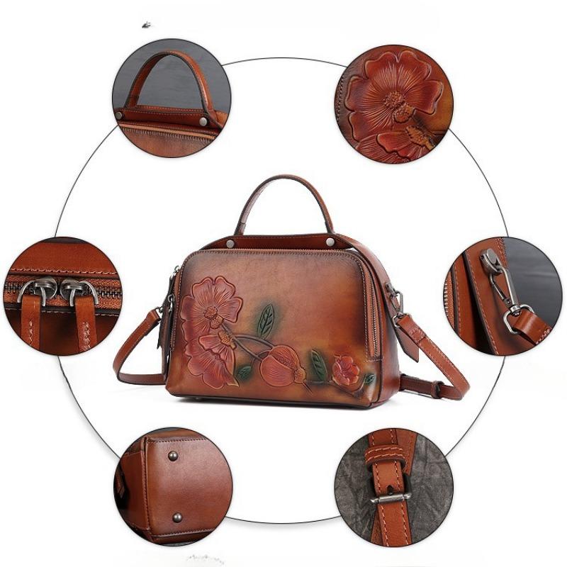 First Layer Cowhide Retro Pillow Bag Artistic Style Embossedhandbags Large Capacity with Boston Women's Bag