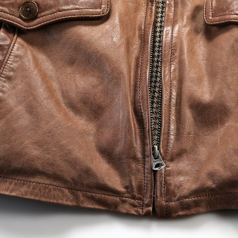 Jacky Cheung Men's Waxed Goatskin Leather Jacket with Lapel