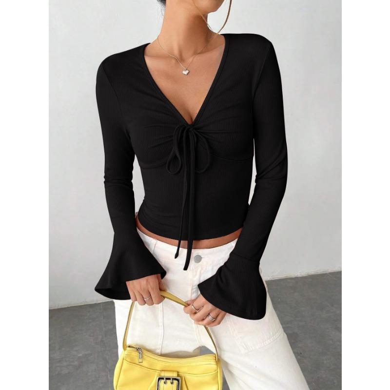 

Летняя мода новые продукты городская женская блузка с рукавами-клеш, V-образным вырезом и кулиской, с длинными рукавами CZ006 S чёрный