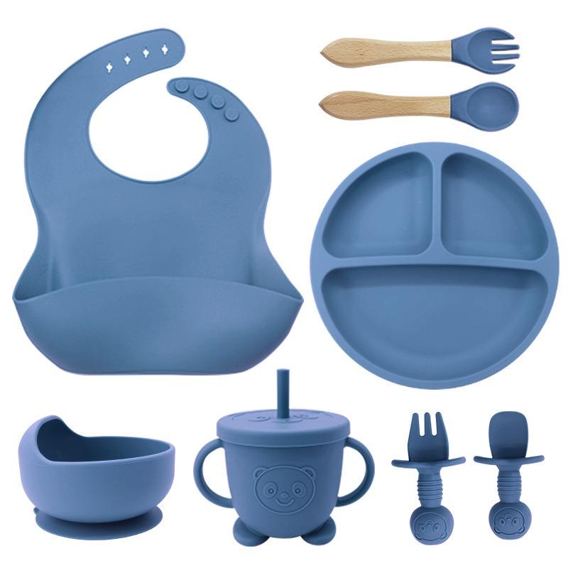 Set de farfurii din silicon pentru copii pentru a învăța să mănânci, furculiță de antrenament, lingură, supliment alimentar, ventuză, bol, anticădere și antiopărire
