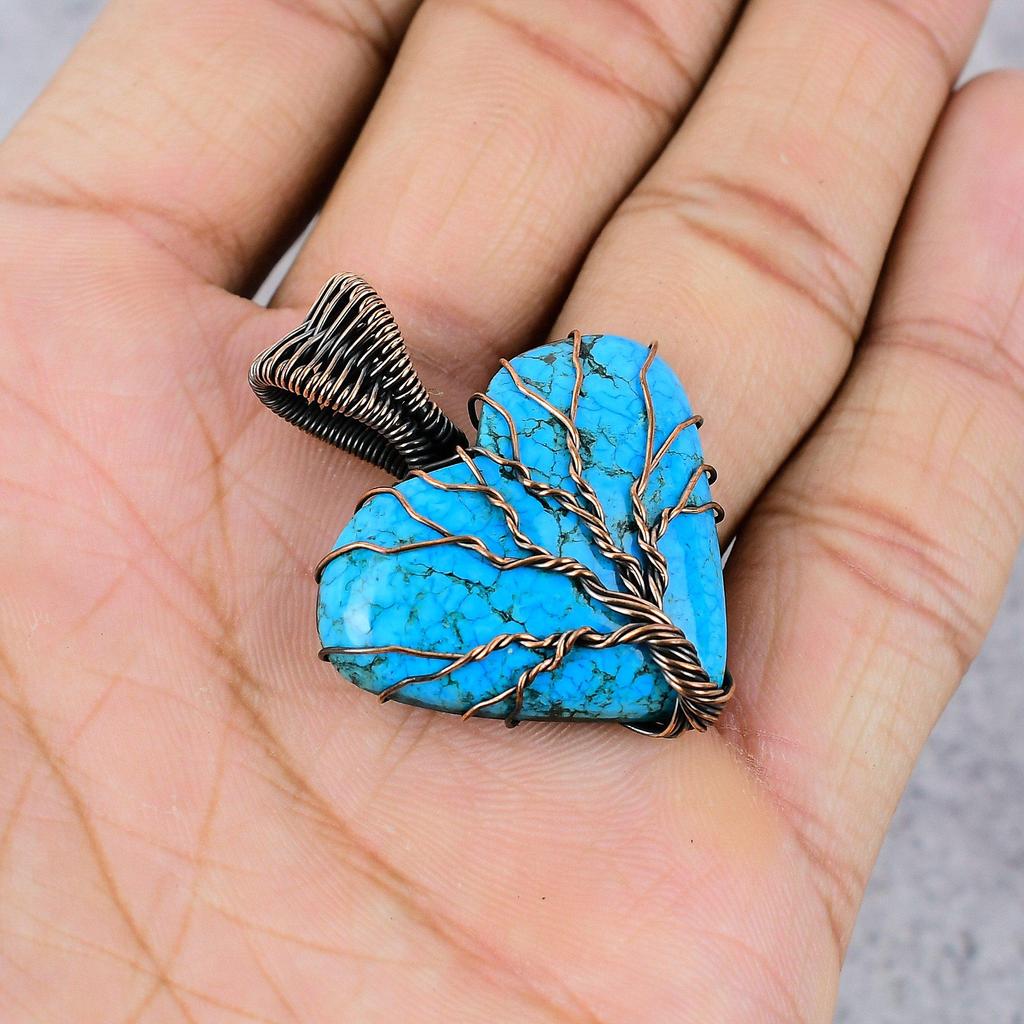 Tree Of Life Tibetan Turquoise Pendant, 999 Copper Wire Wrapped Gemstone Jewelry, Handmade Pendant, For Thanksgiving