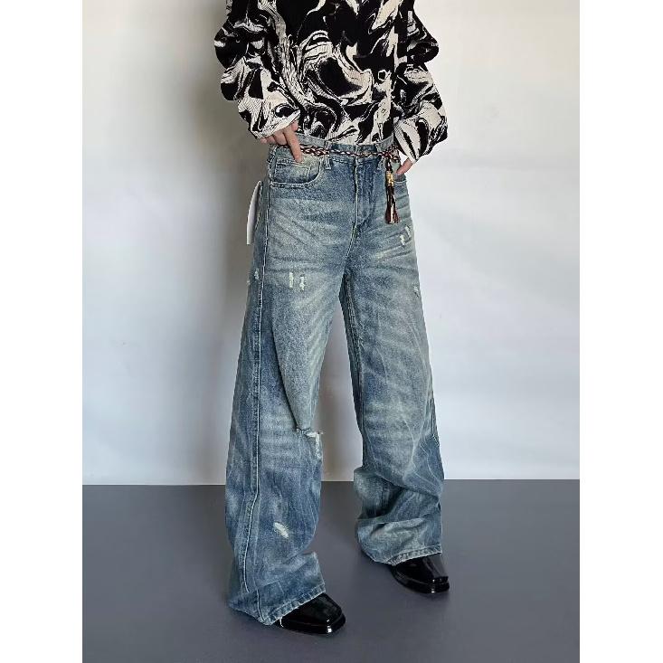 Autumn And Winter New American High Street Washed Light Colored Jeans For Men And Women Straight Leg Slightly Flared Loose Wide Leg Pants