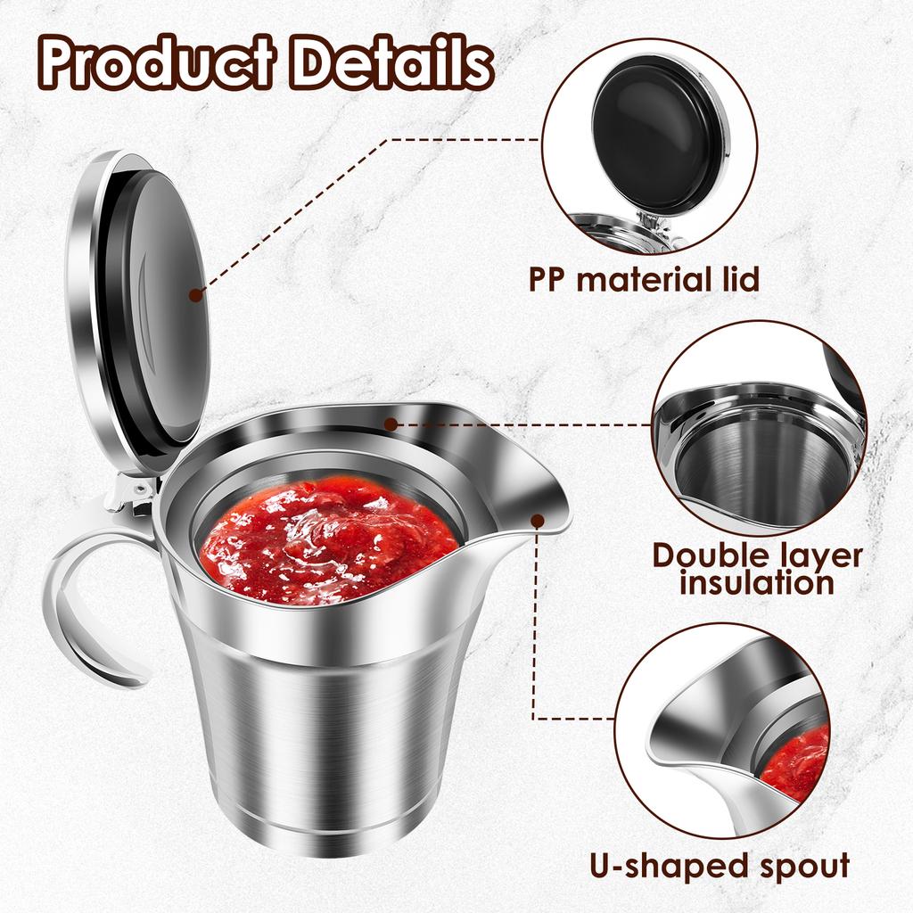 450ML Sauce Dispenser Double Insulated Sauce Gravy Boat Stainless Steel Vinaigrette Pot with Hinged Lid for Restaurant Household