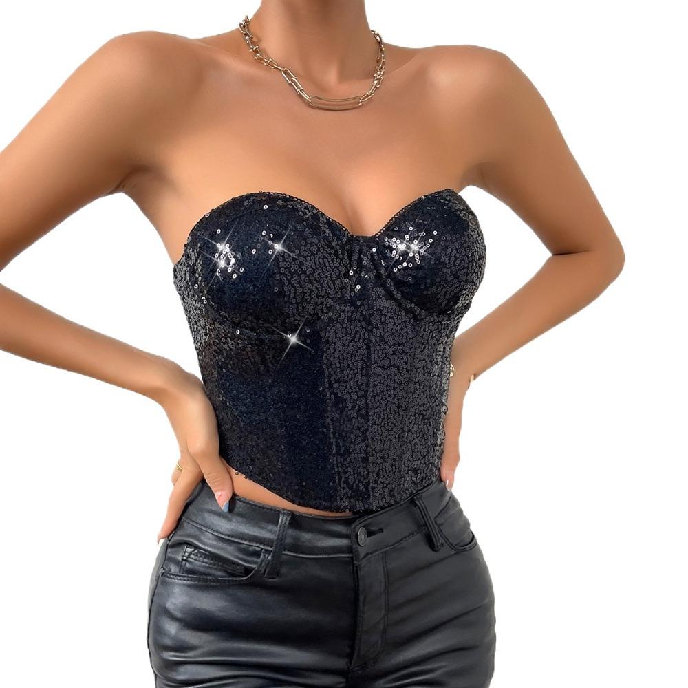 Shiny Sequin Waist Shaper Black Female Street Wear Corset Bustier Top  Women's Clothing Accessories