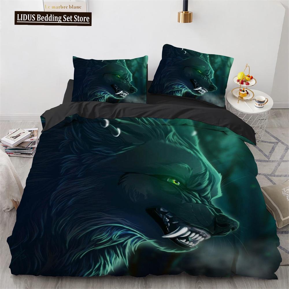 Wolf Duvet Cover Set Black White Wolf Yin And Yang Pattern Wild Animals Comforter Cover King Queen Size For Kid Boys Bedding Set