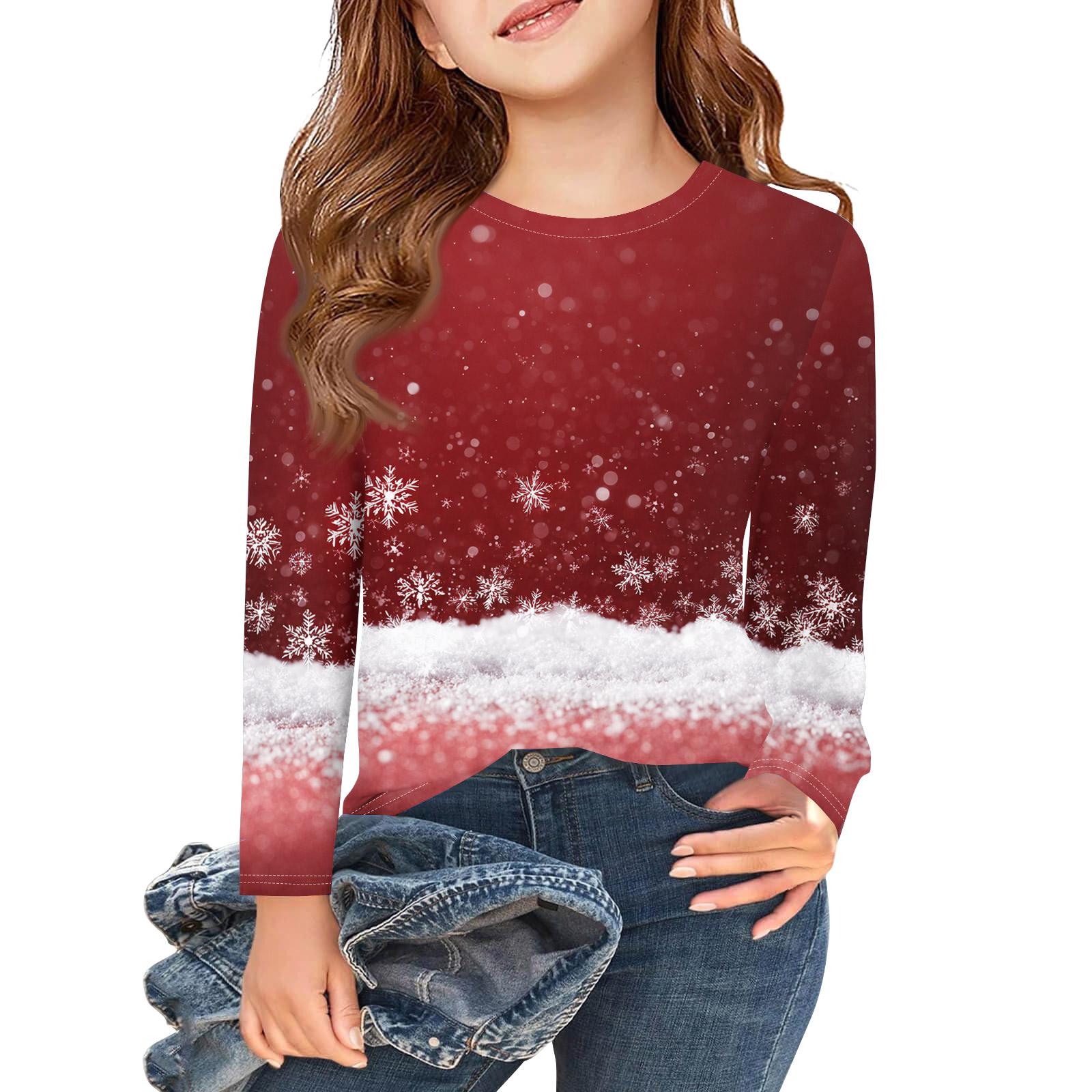 

Різдвяний день Футболки з довгим рукавом для дівчаток Дитячі осінні топи Круглий виріз З принтом Базові футболки 160 винний