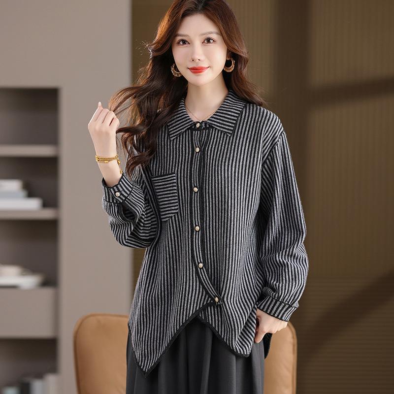 

Женский полосатый кардиган из шерсти с длинным рукавом - Приталенный и универсальный для весны и осени 2025 One Size чёрный