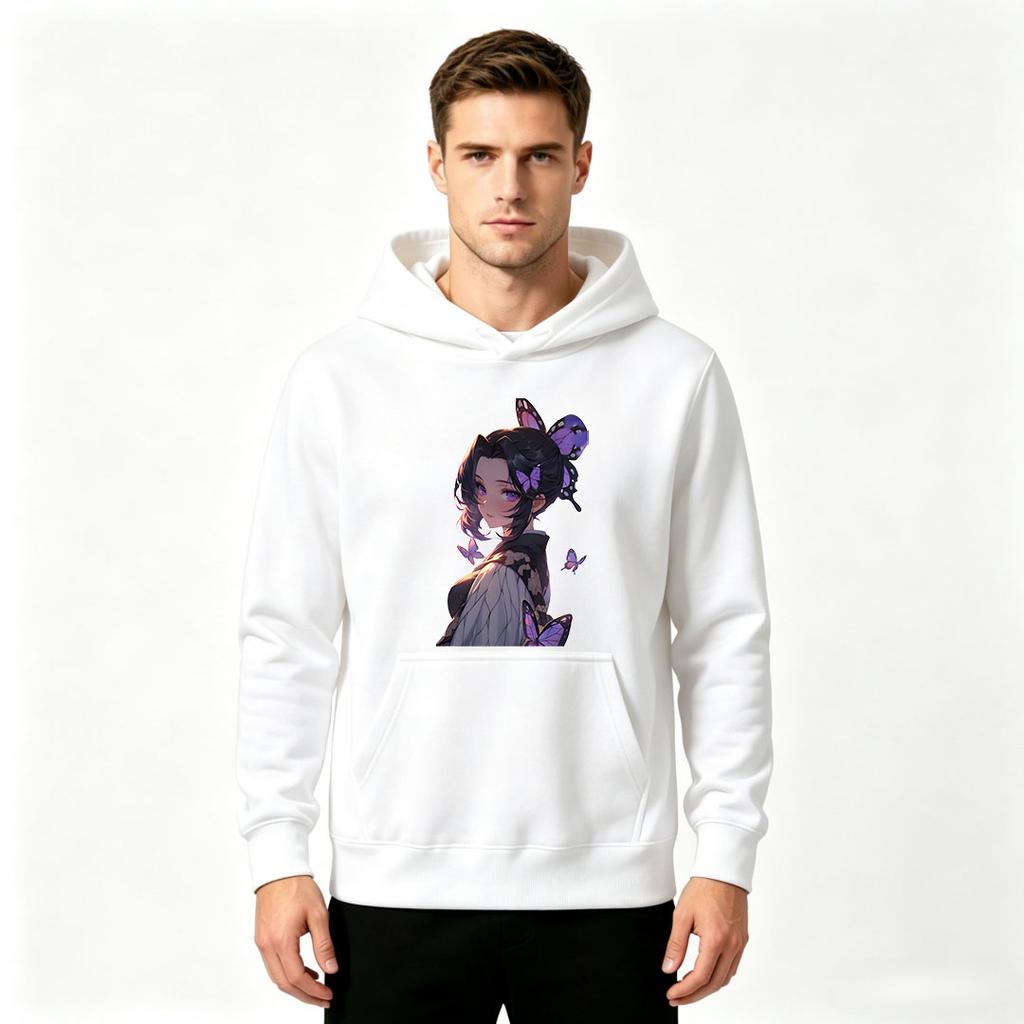 Anime Butterfly Girl Print Men Pullover Hoodie Casual Soft Long Sleeve Sweatshirt for Daily Wear