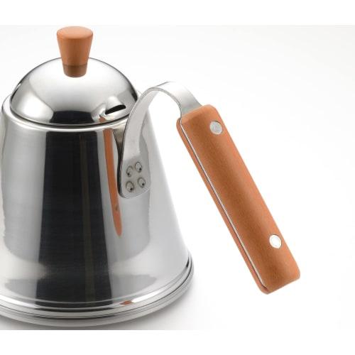 Yoshikawa SH7090 Stainless Steel Drip Coffee Pot, 1.1L, Narrow Mouth, Wooden Handle, Made In Japan, Gas and Induction Compatible