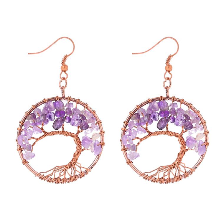 

Supply Hand-Wound Curved Natural Crystal Gravel Colorful Tree Of Life Wishing Tree Earrings E10 аметист