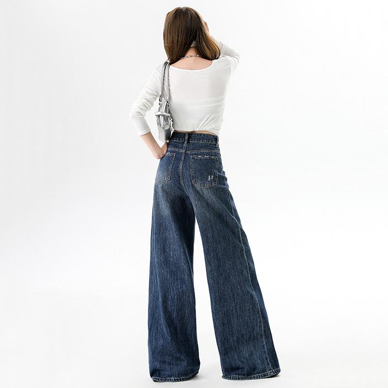 Autumn and winter high-waisted blue flared jeans women's loose straight-leg wide-leg pants without sticking to the legs