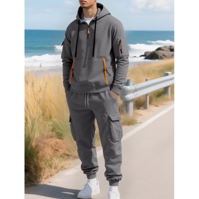 Men's Fall/Winter Fleece-Lined Set: Zipper Hoodie + Multi-Pocket Work Pants—A Stylish Two-Piece Set