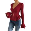 Women Tops Slim Fit V Neck Flared Long Sleeve Ruffle Detail Knitting Tops Solid Color Buttons Closure Winter Sweater