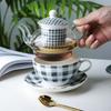 Ceramic Tea for One Set Checkered Design Glass Teapot Fine Bone China Saucer Teacup Tea Strainer Infuser Teaware with Gift Box